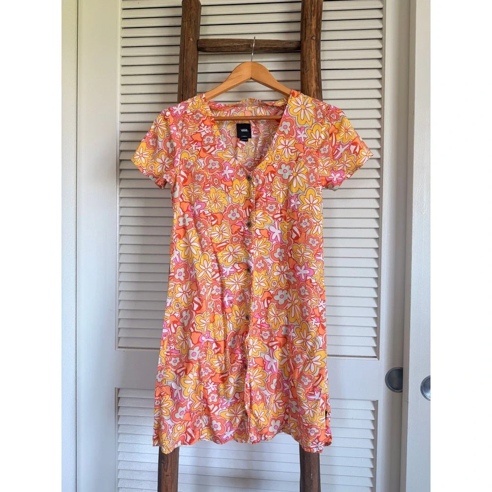 Vans Floral Button Front Mini Dress XS Orange Yellow Retro 70s‎ Style